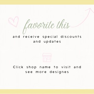 May include: A light yellow background with the words "favorite this" in a cursive font. The text "and receive special discounts and updates" is below. A pink heart and arrow are also present.