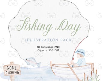 May include: Watercolor illustration pack with a fishing theme. The image features a boat with a person fishing, a fish jumping, and a sign that says "Gone Fishing". The text "Fishing Day" is also present.