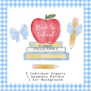 Pacote de clipart escolar em aquarela, clipart de volta às aulas da Grandmillennial, padrão de guingão azul, clipart fofo para sala de aula, padrão sem costura
