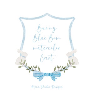 Blau Aquarell Crest, Blau Schleife Crest, Bunny Aquarell Rahmen, Baby Blau Ribbon Clipart, Grandmillenial Clip Art, Einladung Monogramm Crest