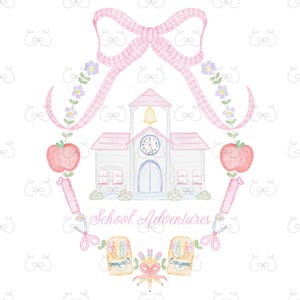 Pacote de clipart escolar em aquarela, moldura de volta às aulas com laço xadrez rosa, material escolar em aquarela PNG, pacote de ilustrações escolares em tons pastel