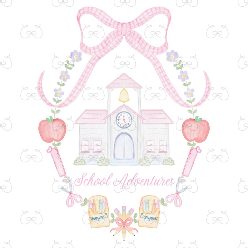 May include: Watercolor illustration featuring a schoolhouse with a clock, surrounded by a pink bow, apples, rulers, scissors, and crayons. The text "School Adventures" is written in cursive. The color palette includes pink, white, and light blue.