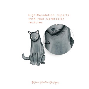 May include: Watercolor illustration of a gray cat with a detailed close-up. The image includes the text "High-Resolution cliparts with real watercolor textures" and the artist's signature "Mina Studio Designs".