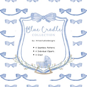 Baby Cradle Blue Watercolor Crest, Navy Blue Bow Crest, Ribbon Seamless Pattern, Baby Shower Clipart, White Flower Crest, ClipArt PNG Bundle