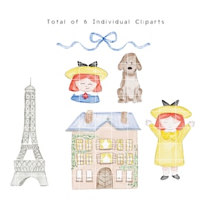 May include: A set of watercolour clip art including a light grey Eiffel Tower, a brown dog, two girls in yellow hats and dresses, a house, and a blue bow. The text "Total of 6 Individual Cliparts" is at the top.