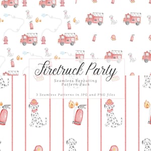 Puede incluir: Patrón de acuarela repetido con camiones de bomberos rojos, bocas de incendio, dálmatas y extintores sobre fondo blanco. El texto "Firetruck Party" se muestra, con información sobre patrones JPG y PNG.