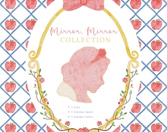 Magic Mirror Watercolor Crest, Princess Silhouette Clipart, Poison Apple Watercolor PNG, Red Bow Crest, Seamless Pattern, Digital Paper Pack