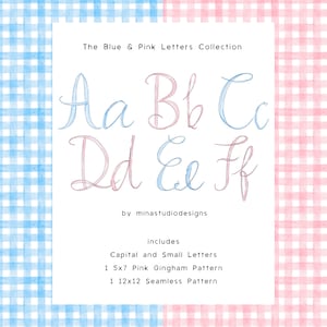 Pacote de letras do alfabeto aquarela, letras de caligrafia rosa, ABC desenhado à mão azul, letras de monograma aquarela PNG, padrão guingão