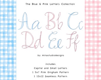 Watercolor Alphabet Letters Bundle, Pink Calligraphy Letters, Blue Hand drawn ABC, Watercolor Monogram Letters PNG, Gingham Pattern