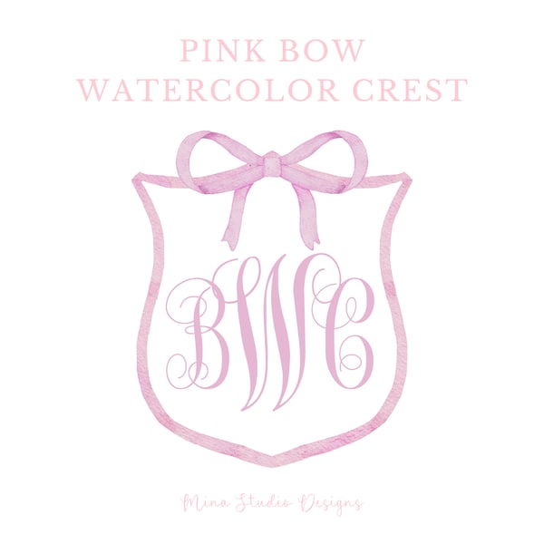 Pink Bow Watercolor Crest, Preppy Bow Crest Clipart, Preppy Grandmillennial Clip Art, Monogram Crest,  Ribbon Watercolor Illustration