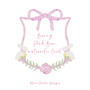Pink Watercolor Crest, Pink Bow Crest, Bunny Watercolor Frame, Baby Pink Ribbon Clipart, Grandmillenial Clip Art, Invitation Monogram Crest
