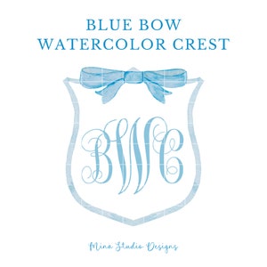 Blue Bow Watercolor Crest, Blue Ribbon Crest Clipart, Preppy Bow PNG, Ribbon watercolor illustration, Baby Shower Monogram Crest Clip Art