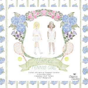 Escudo de tênis vintage em aquarela, pacote de clipart em aquarela para garotas de tênis, brasão floral PNG, padrão de repetição de tênis, moldura esportiva Grandmillennial