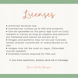 May include: A digital art license information sheet with the word "Licenses" in a cursive orange font. The text details usage rights, including personal and commercial use, and restrictions on redistribution and logo use. The bottom of the image has the text "Mina Studio Designs".