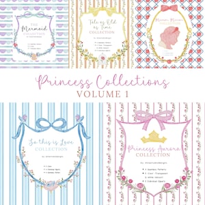Princess Collection Bundle, Watercolor Crest Clipart, Princess Aurora, Belle, SnowWhite, Cinderella, Ariel, Bow Crest Clip Art, Patterns