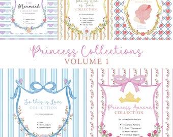 Princess Collection Bundle, Watercolor Crest Clipart, Princess Aurora, Belle, SnowWhite, Cinderella, Ariel, Bow Crest Clip Art, Patterns