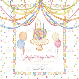 Puede incluir: Conjunto de imágenes prediseñadas de acuarela con una tarta de cumpleaños con velas, globos y serpentinas de colores. La imagen incluye el texto "Joyful Party Palette" y detalles sobre el contenido del conjunto, incluyendo imágenes prediseñadas individuales, un marco, un fondo y un patrón.