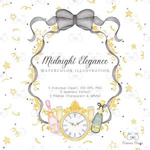 May include: Watercolor illustration with a gray bow, gold stars, and a decorative frame. The image includes a clock, champagne bottles, and glasses. Text reads "Midnight Elegance" and details about the included clipart.