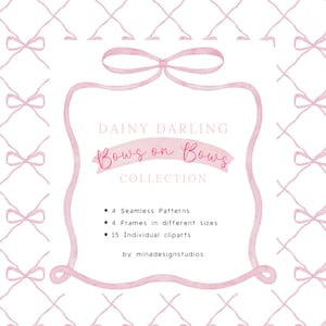 Pink Watercolor Vintage Bows Clipart, Baby Pink Bow Seamless Patterns, Coquette Clip Art, Preppy Ribbon Frames, Dainty Baby Shower Clipart
