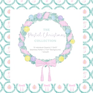 Pastel Christmas Wreath Watercolor Clipart, Pink Christmas Garland Bow Bundle, Holiday Decorations PNG, Christmas Ornaments Illustration