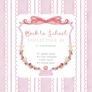 Back to School watercolor Crest, Back to School Watercolor Clipart, School Digital Paper Pack, Vintage Teacher ClipArt, Preppy Red Bow Crest