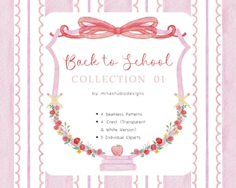 Back to School watercolor Crest, Back to School Watercolor Clipart, School Digital Paper Pack, Vintage Teacher ClipArt, Preppy Red Bow Crest