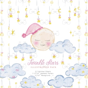 May include: Watercolor illustration pack featuring a sleeping moon wearing a pink nightcap, nestled among blue clouds. The design includes hanging stars, moons, and the text "Twinkle Stars ILLUSTRATION PACK". Includes 12 individual cliparts, a seamless pattern, and a background.