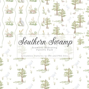 Swamp Theme Seamless Patter, Egret Brown Pelican Mallard Duck Cypress Trees Repeating Pattern, Louisiana Nature Repeat Patterns