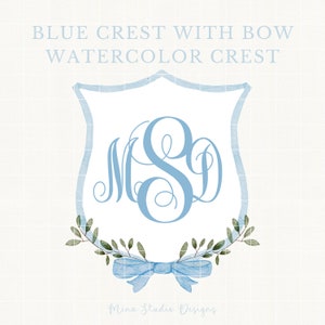 Adrette Blaue Schleife Crest mit grünen Blättern, Aquarell Blaue Schleife Clipart, Aquarell Crest mit Schleife, Baby Blaue Schleife Clip Art, Schleife PNG
