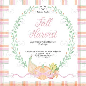 Puede incluir: Paquete de ilustración en acuarela con temática de cosecha de otoño. La imagen presenta una corona, una calabaza con un lazo rosa, una calabaza, maíz y el texto "Fall Harvest". El fondo tiene un patrón de cuadros en tonos rosa y naranja.