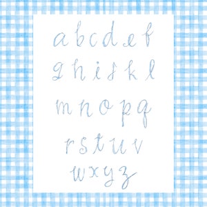 May include: A white background with a blue and white gingham border. The alphabet is written in blue cursive letters.