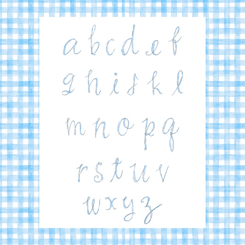 May include: A white background with a blue and white gingham border. The alphabet is written in blue cursive letters.