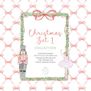 Clipart de aquarela de quebra-nozes, moldura de aquarela de Natal, guirlanda de Natal, clipart de bailarina rosa, quebra-nozes vermelho, pacote de ilustrações