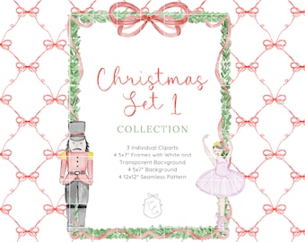 Nutcracker Watercolor Clipart, Christmas Watercolor Frame, Christmas Wreath, Pink Ballerina Clipart, Red Nutcracker, Illustration Bundle