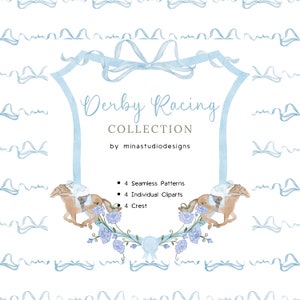 Derby Racing Aquarell Clipart, Derby Aquarell Wappen, Wappen des blauen Bandes, Kentucky Derby Rahmen, Pferderennen Clipart PNG, nahtloses Muster