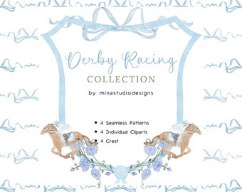 Derby Racing Watercolor Clipart, Derby Watercolor Crest, Blue Ribbon Crest, Kentucky Derby Frame, Horse Racing Clipart PNG, Seamless Pattern