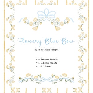 Blauer Bogen Blumenrahmen, gelbe Blume Blaues Band 5x7 Rahmen, Aquarell Blumenrahmen, Grandmillennial Rahmen, Baby Aquarell Clipart