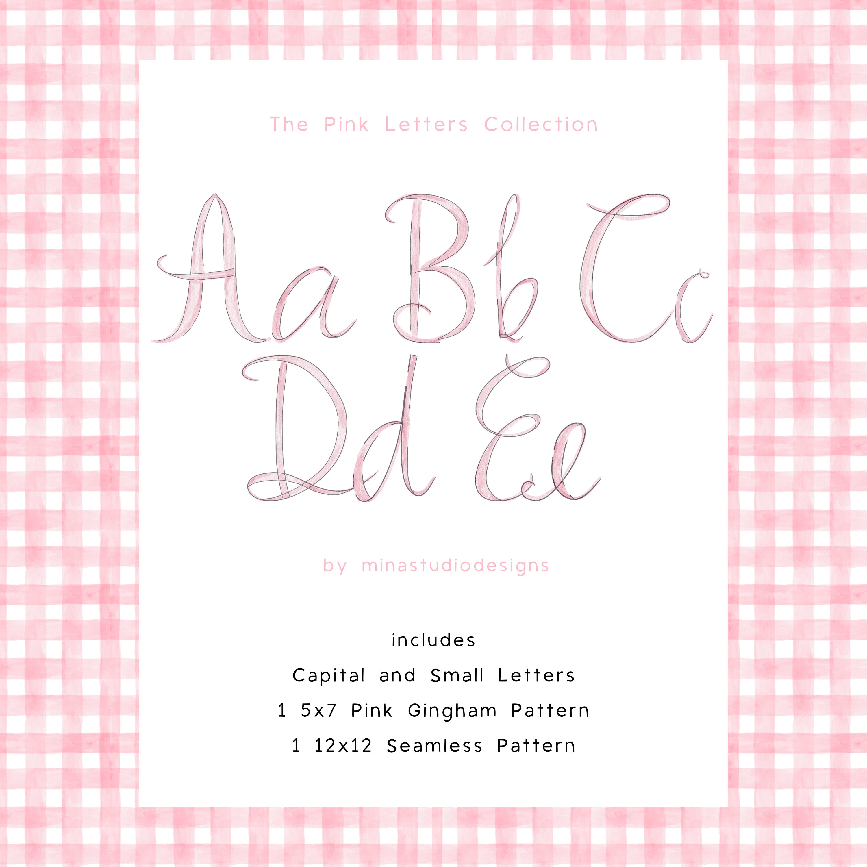 Pink Watercolor Letters PNG, Baby Pink Alphabet Clipart, Pink Gingham Background, Watercolor Calligraphy Letters, Hand Drawn Alphabet Letter