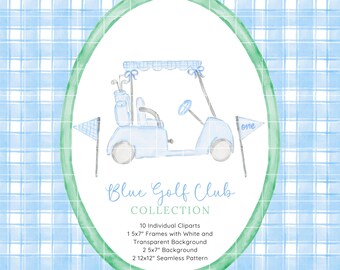 Watercolor Golf Clipart Set, Blue Gingham Golf Set, Watercolor Golf Party ,Preppy Blue Sport, Golf Cart, Boy Golf Birthday Clipart