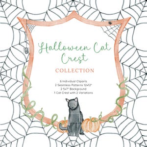 May include: Watercolor illustration featuring a Halloween-themed crest with a black cat, pumpkins, and spiderwebs. The crest is surrounded by green vines and the text "Halloween Cat Crest Collection". Includes clip art and patterns.