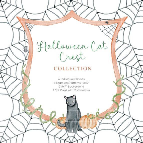 Halloween Watercolor Crest, Black Cat Clip Art, Halloween Watercolor Clipart, Spider Web Pattern, Spooky  Halloween Illustration Package