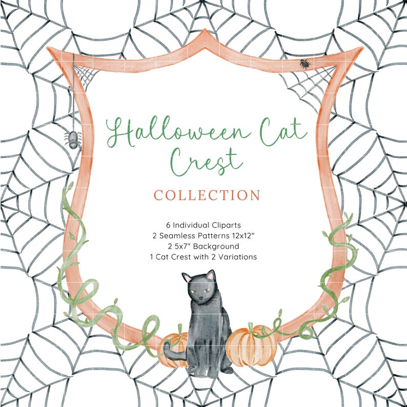 May include: Watercolor illustration featuring a Halloween-themed crest with a black cat, pumpkins, and spiderwebs. The crest is surrounded by green vines and the text "Halloween Cat Crest Collection". Includes clip art and patterns.