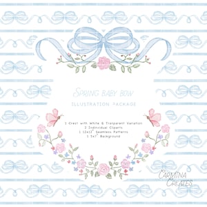 Laço azul com crista de flores, laço azul aquarela, flores de primavera aquarela, clipart de berçário de menina, pacote de ilustração de chá de bebê de menina