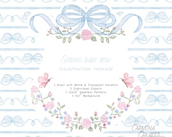 Blue Bow with Flower Crest, Watercolor Blue Bow, Watercolor Spring Flowers, Baby Girl Nursery Clipart, Girl Baby Shower Illustration Package