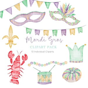 Mardi Gras Parade Akwarela Clipart, Mardi Gras Clipart Bundle, Zestaw Akwareli Świątecznych Clipart, Mardi Gras PNG, Pakiet Ilustracyjny