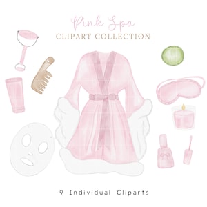 Clipart aquarelle journée au spa, clipart spa rose, peignoir en fourrure rose, clipart soins personnels, journée de détente PNG, lot de cliparts aquarelle, vernis à ongles