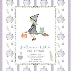 Bundle de cliparts aquarelle petite sorcière, sorcière sur balai, modèle sans couture d'Halloween, chaudron, chauve-souris, paquet d'illustrations de potions, cadre 5 x 7