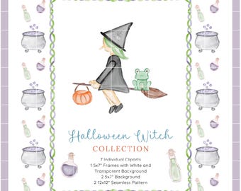 Aquarell Hexe Clipart Bundle, Halloween Tränke, Halloween Musterdesign, Gruselige Saison Clip Art Pack (digitaler Download)