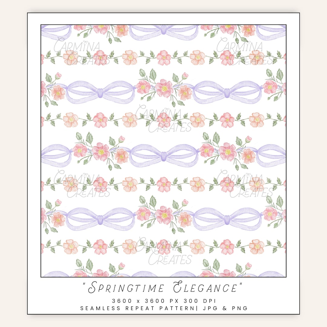 Spring Pattern Purple Spring Flowers Purple Bow Seamless Pattern, Peonies Watercolor Pattern ...