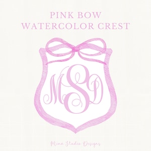 Preppy Pink Bow Watercolor Crest, Pink Grandmillennial Bow Clipart, Girl Baby Shower Clip Art, Pink Crest with Ribbon Clipart, PNG file